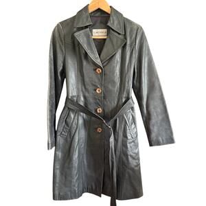 80s Vintage Emotion Dark Gray Leather Trench Coat with Belt | Small Retro